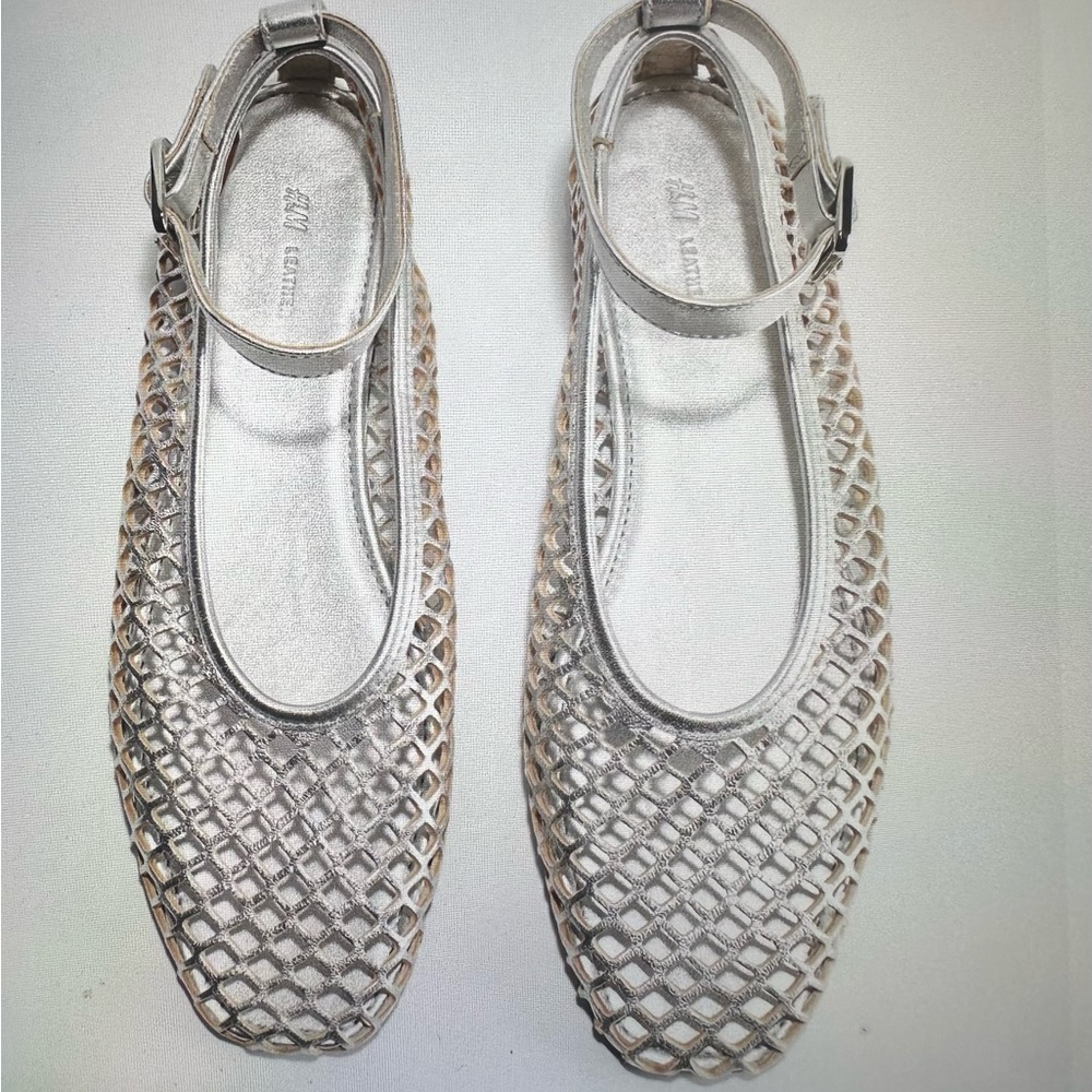 H&M Silver metallic perforated Leather Ballet Flats with mesh design SIZE 6/7